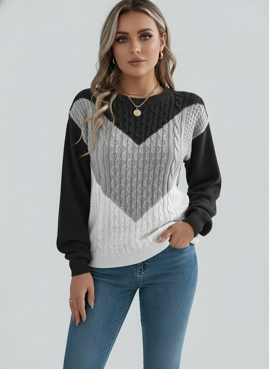 Women Casual Color Block Cable Knit Lantern Sleeve Pullover Sweater