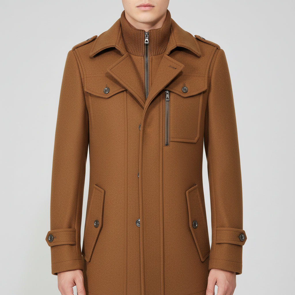 Men's Woolen Coat Double Collar Standard Vertical Zipper Coat Jacket