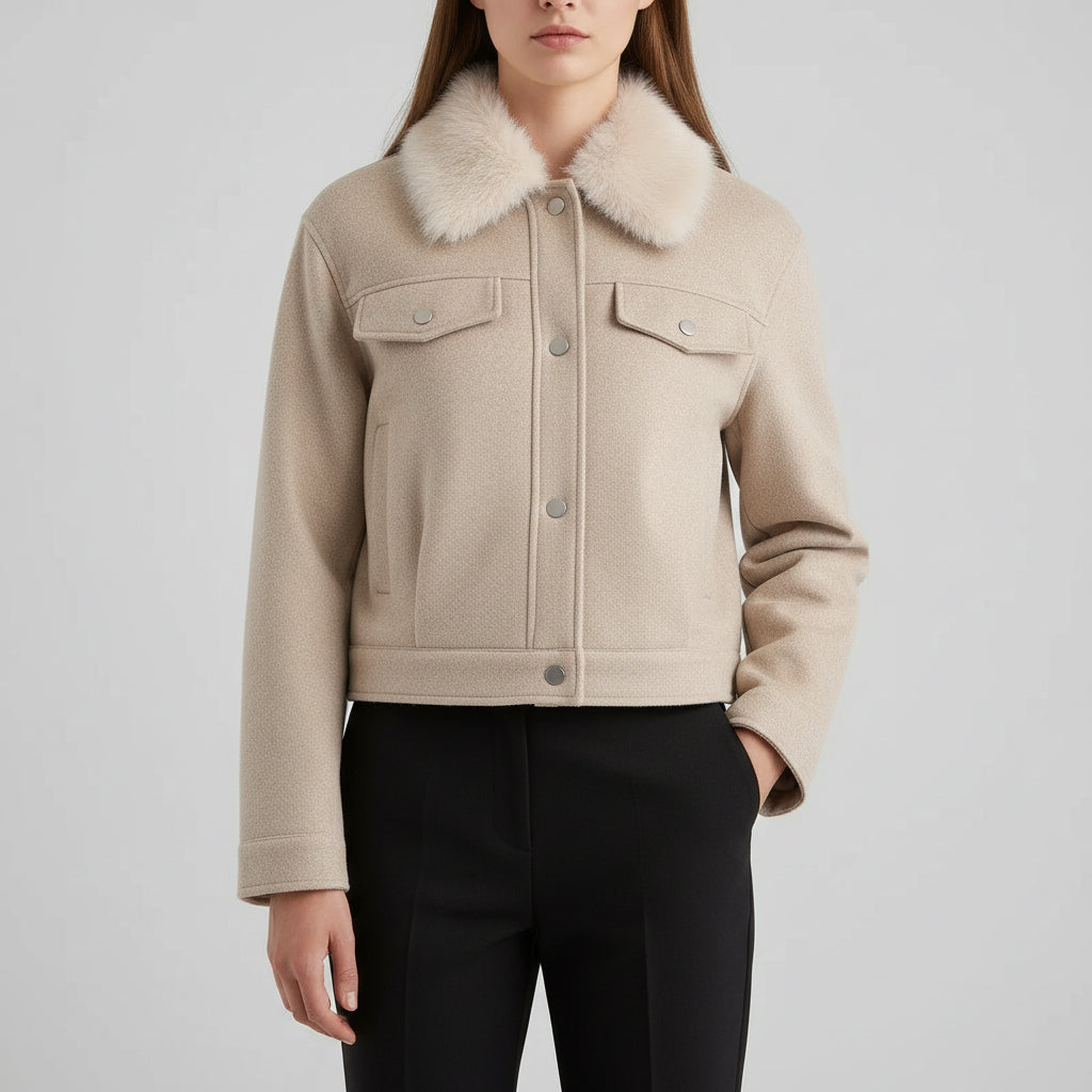 Women's Wool Lapel Single-breasted Long Sleeve Pocket Trim Jacket