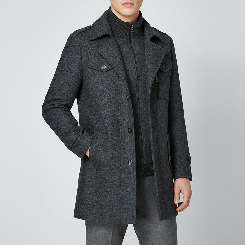 Men's Woolen Coat Double Collar Standard Vertical Zipper Coat Jacket