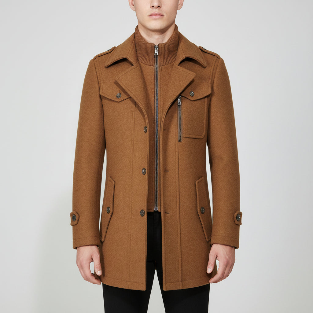 Men's Woolen Coat Double Collar Standard Vertical Zipper Coat Jacket