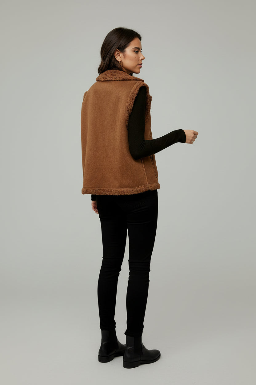 Women's Corduroy Collar Stitching Suede Vest Jacket With Side Pockets