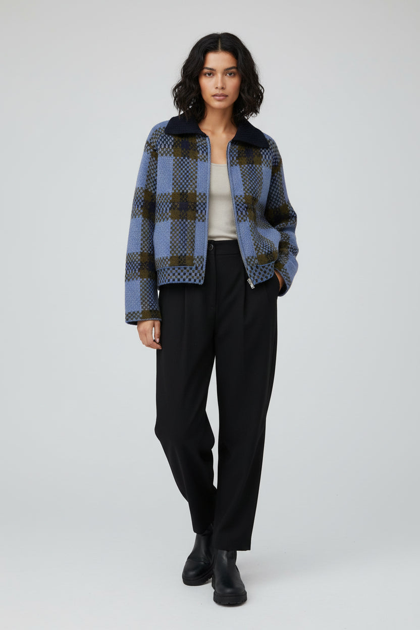 New Stylish And Versatile Plaid Zip-up Knit Sweater