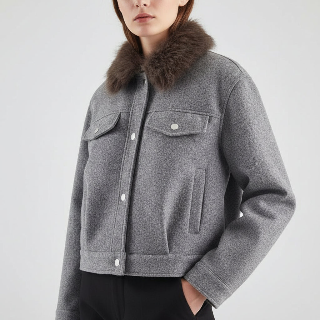Women's Wool Lapel Single-breasted Long Sleeve Pocket Trim Jacket