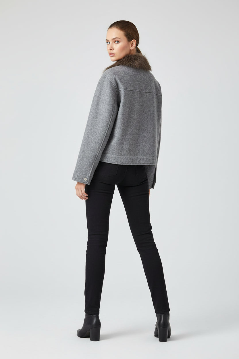 Women's Wool Lapel Single-breasted Long Sleeve Pocket Trim Jacket