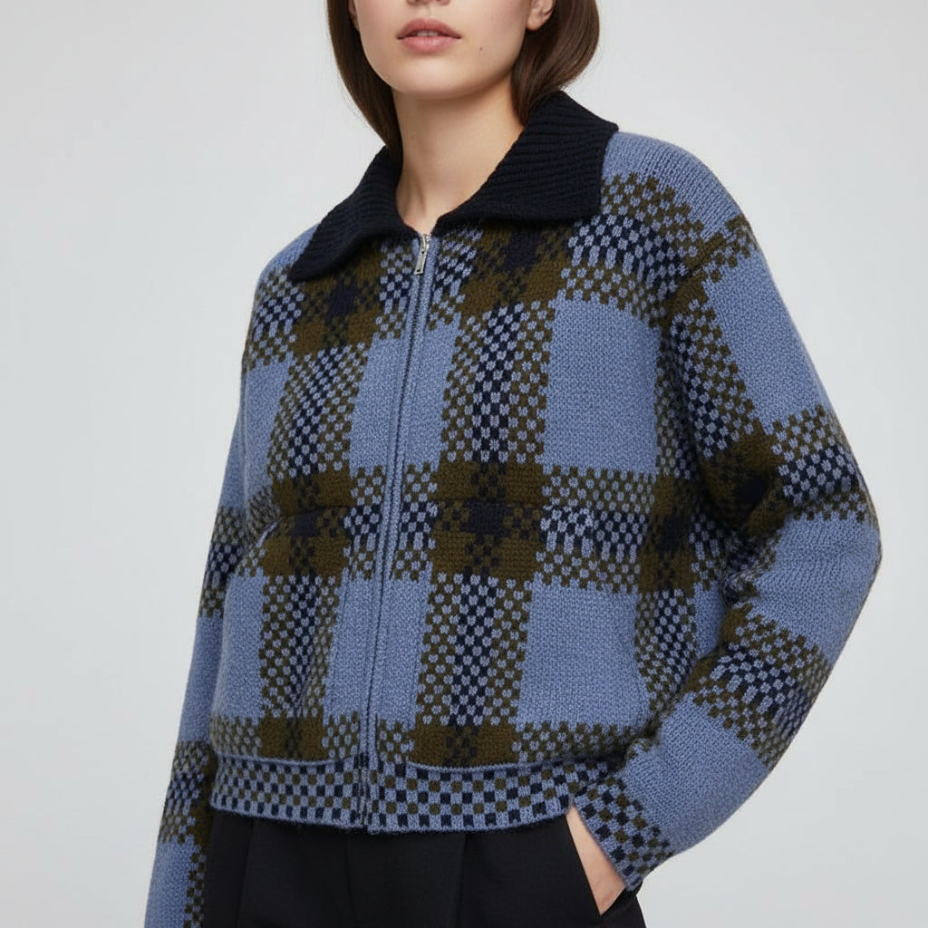 New Stylish And Versatile Plaid Zip-up Knit Sweater