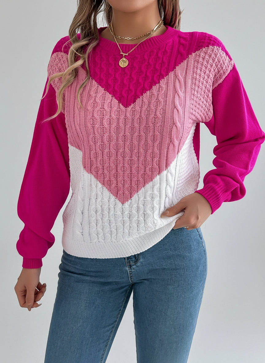 Women Casual Color Block Cable Knit Lantern Sleeve Pullover Sweater
