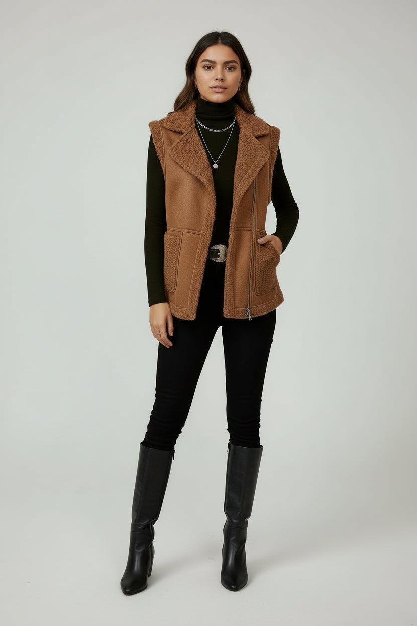Women's Corduroy Collar Stitching Suede Vest Jacket With Side Pockets