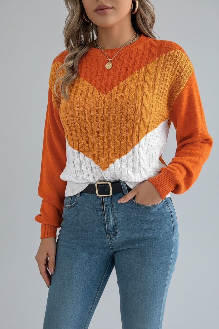 Women Casual Color Block Cable Knit Lantern Sleeve Pullover Sweater