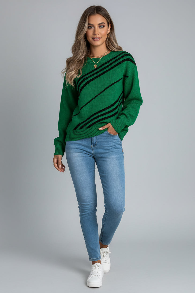 Women Casual Striped Round Neck Lantern Sleeve Long Sleeve Pullover Sweater