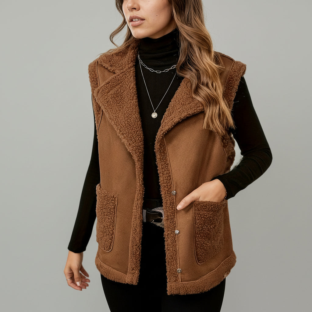 Women's Corduroy Collar Stitching Suede Vest Jacket With Side Pockets