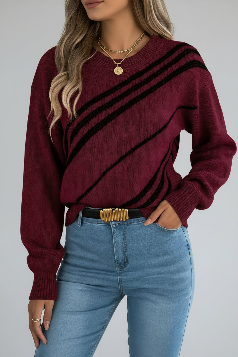 Women Casual Striped Round Neck Lantern Sleeve Long Sleeve Pullover Sweater