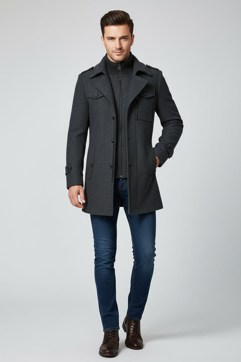Men's Woolen Coat Double Collar Standard Vertical Zipper Coat Jacket