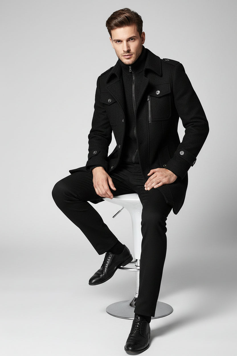 Men's Woolen Coat Double Collar Standard Vertical Zipper Coat Jacket