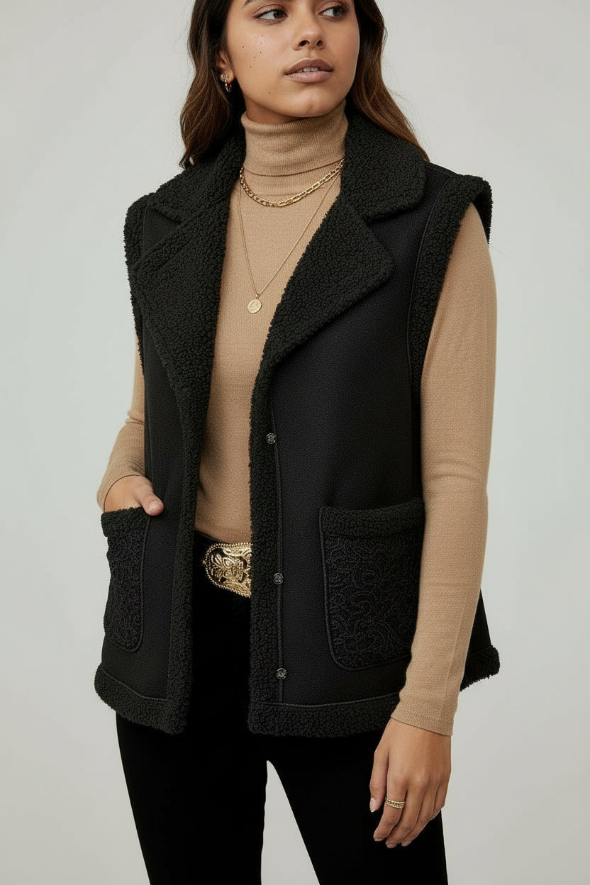 Women's Corduroy Collar Stitching Suede Vest Jacket With Side Pockets