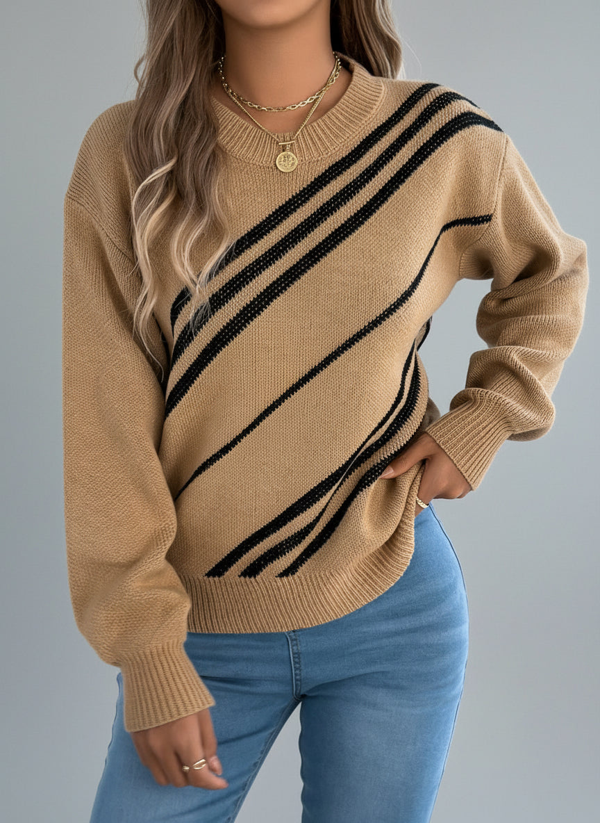 Women Casual Striped Round Neck Lantern Sleeve Long Sleeve Pullover Sweater