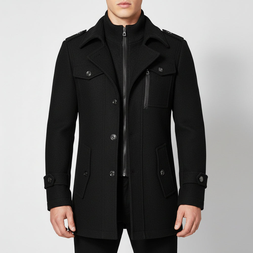 Men's Woolen Coat Double Collar Standard Vertical Zipper Coat Jacket