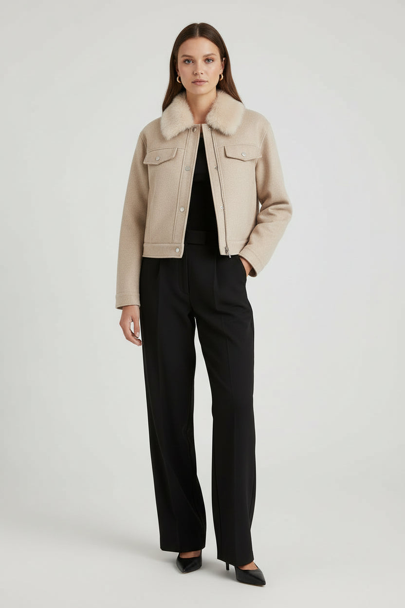 Women's Wool Lapel Single-breasted Long Sleeve Pocket Trim Jacket