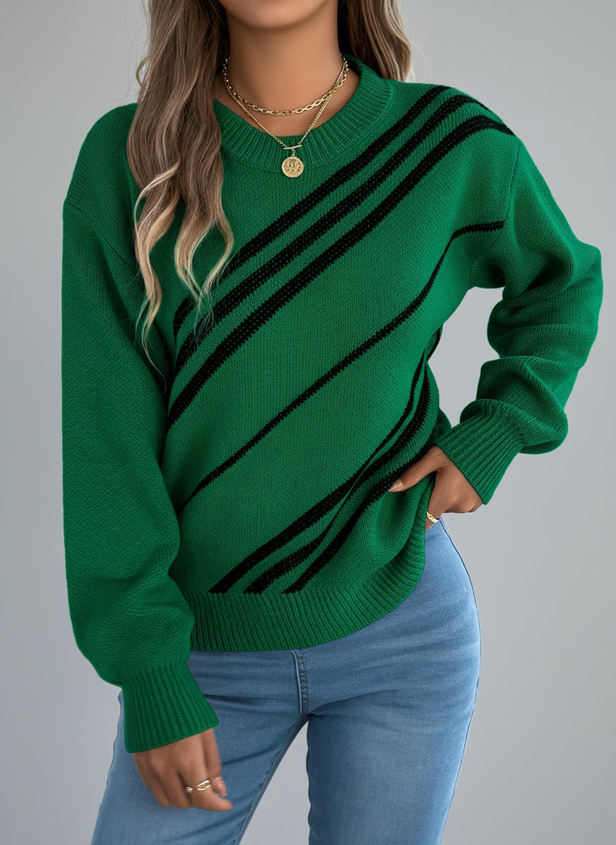 Women Casual Striped Round Neck Lantern Sleeve Long Sleeve Pullover Sweater