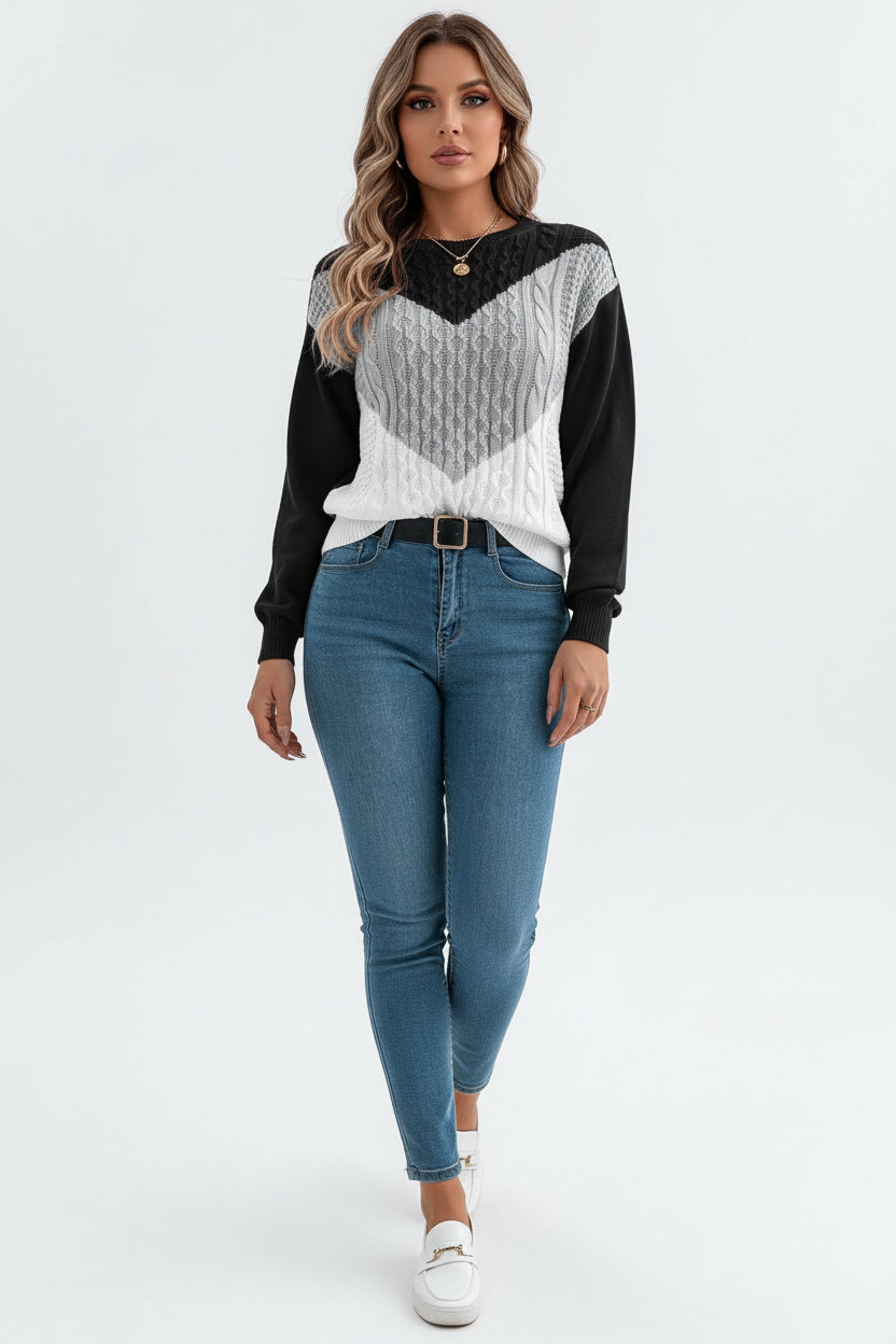 Women Casual Color Block Cable Knit Lantern Sleeve Pullover Sweater