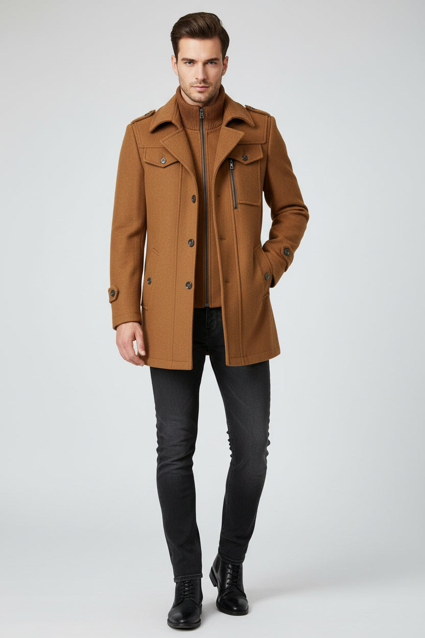 Men's Woolen Coat Double Collar Standard Vertical Zipper Coat Jacket