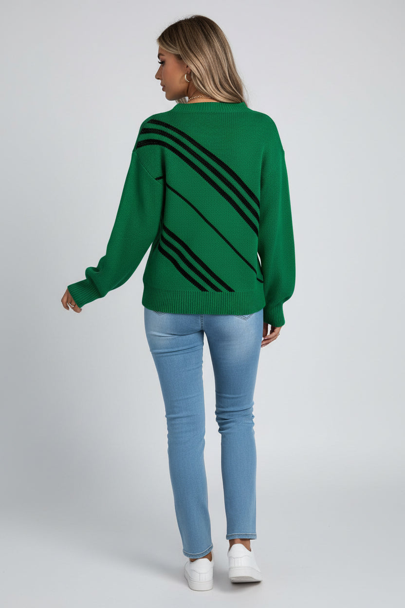 Women Casual Striped Round Neck Lantern Sleeve Long Sleeve Pullover Sweater